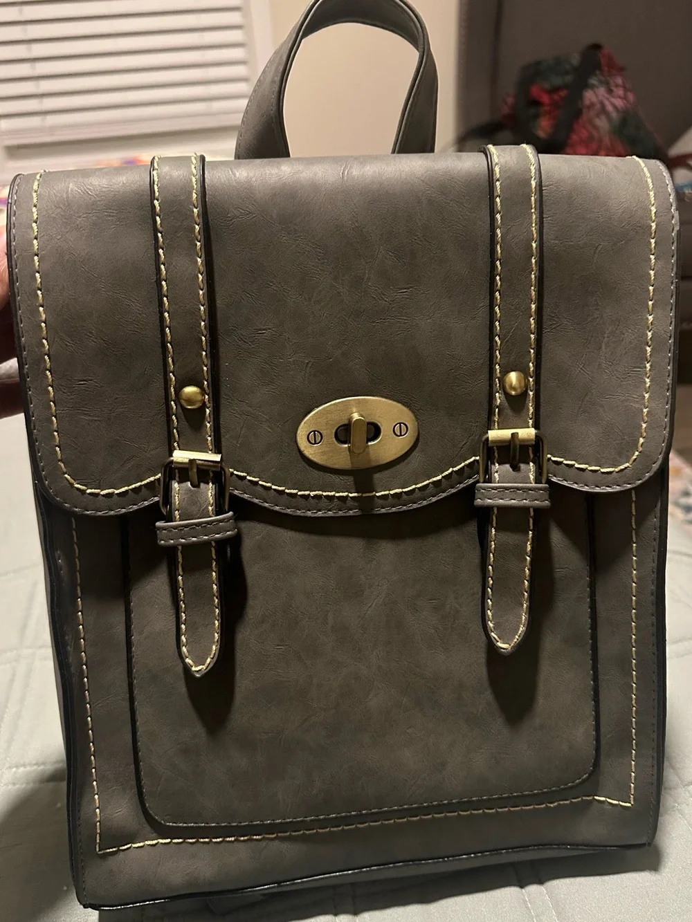 Grey Faux Leather Backpack with Gold Hardware